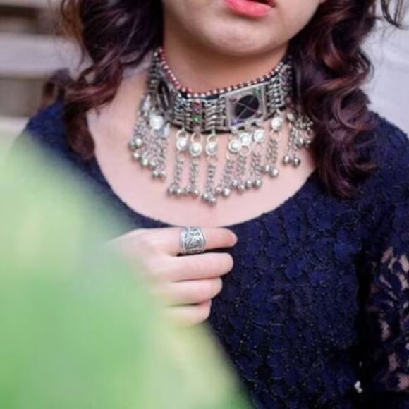 Black Stone Choker, Handmade Afghan Choker with Stones and Silver Beads, Kuchi - Picture 1 of 13